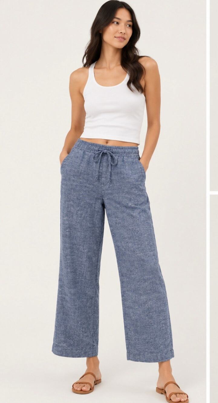 Coastal Breathable Old Navy Wide Leg Linen Crop Pants Size Medium Chambray Blue
